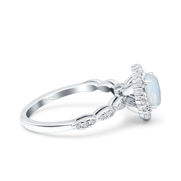 Vintage Art Deco Halo Oval Engagement Ring Lab Created White Opal 925 Sterling Silver